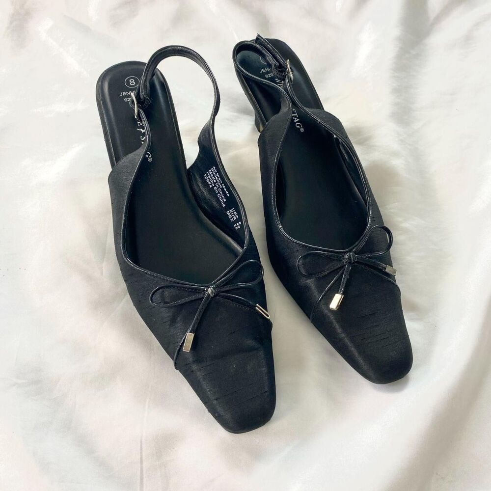 White Stag 90s Black Square Toe Bow Detail Kitten Heels Slingback US 8